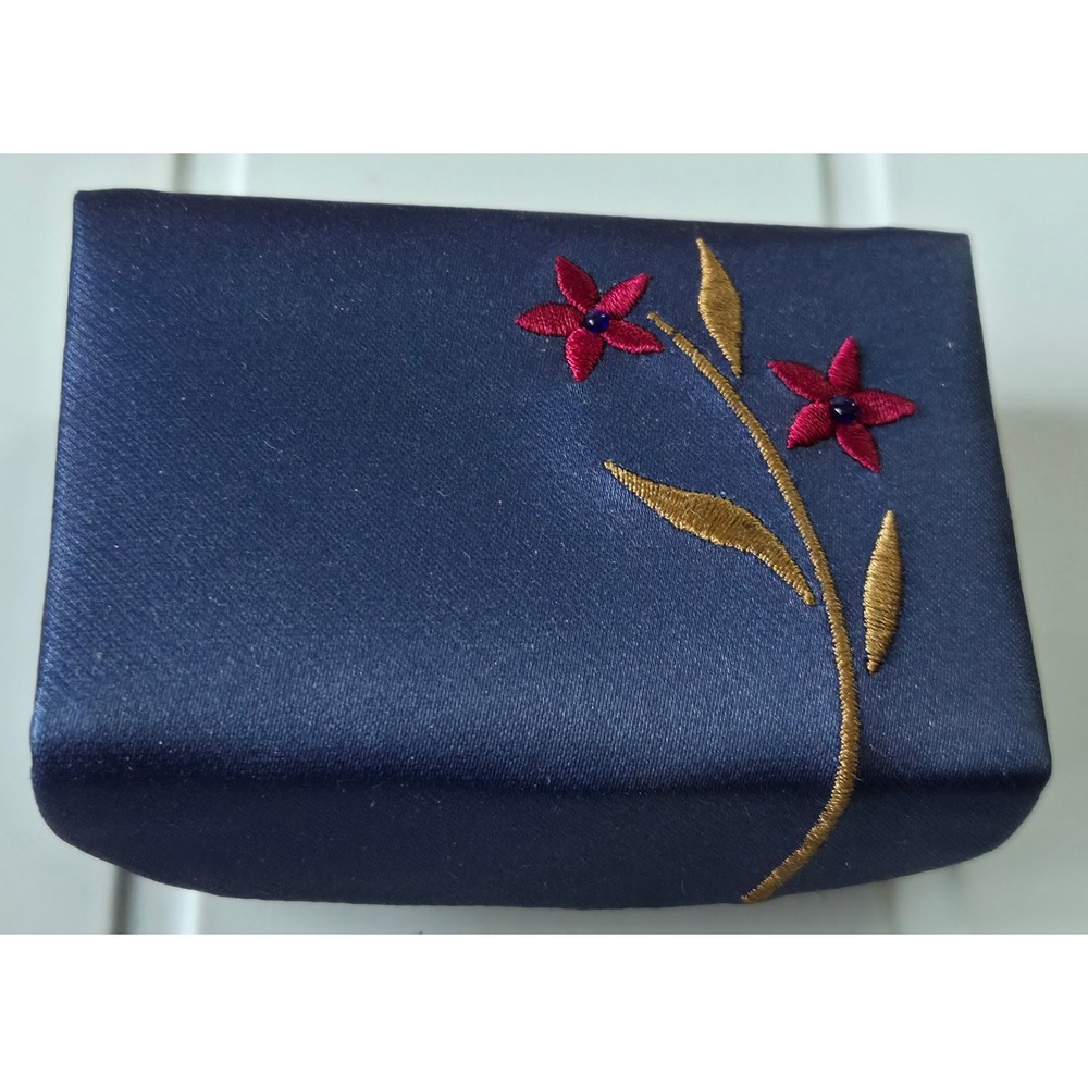 Vintage‎ Navy Blue Satin Lipstick Case with Mirror Embroidered Floral Gold Snap
